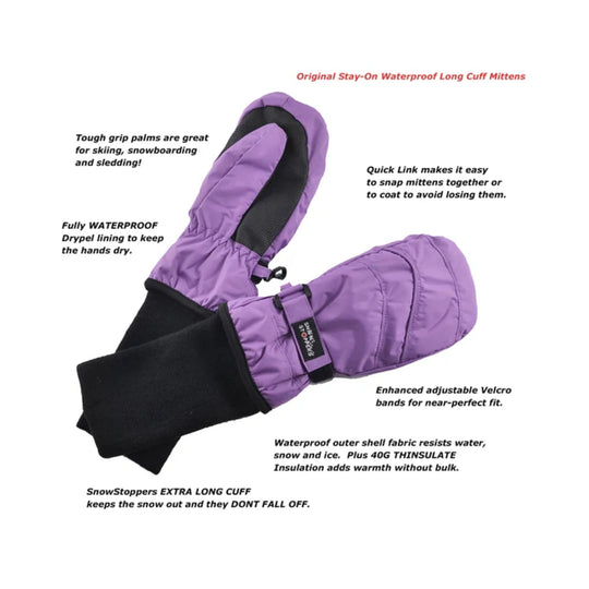 Purple and black waterproof mittens with long cuffs and adjustable wrist straps, shown with feature callouts.