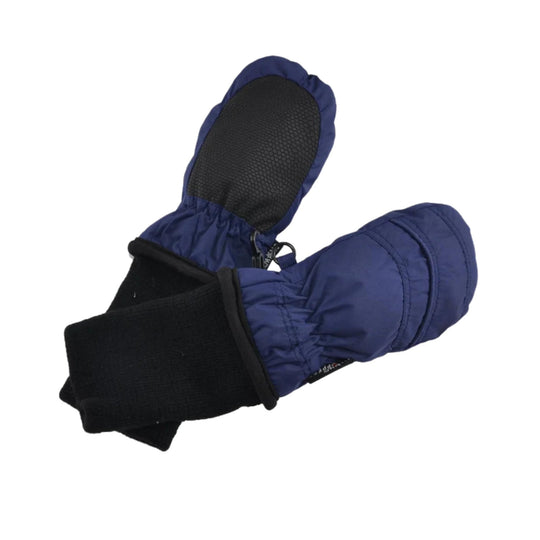 Blue insulated mittens with black textured palms and extended cuffs