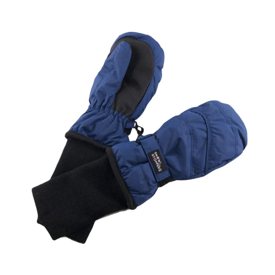 Blue winter mittens with black extended cuffs and textured black palms