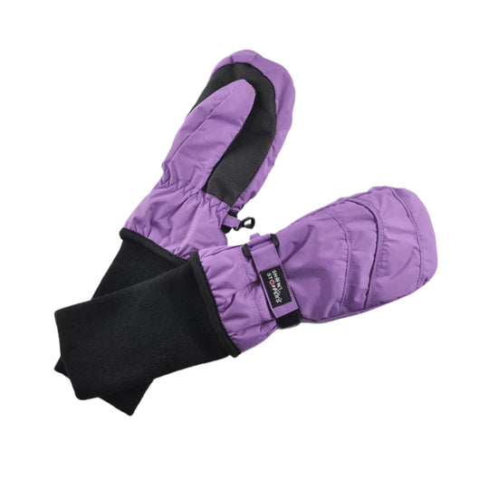Purple insulated mittens with black cuffs and wrist straps, shown crossed on a white background
