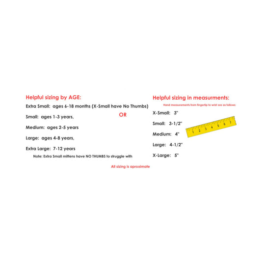 Kids mitten sizing chart with age ranges and hand measurements, plus a ruler illustration