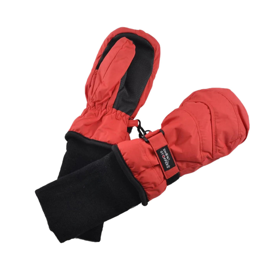 Red insulated mittens with black fleece cuffs and wrist clips