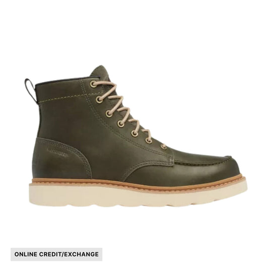 Olive lace-up ankle boot with a cream lug sole