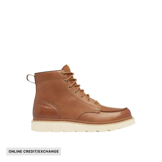 Brown leather lace-up moc toe boot with a cream tread sole, side pull tab, and ONLINE CREDIT/EXCHANGE label