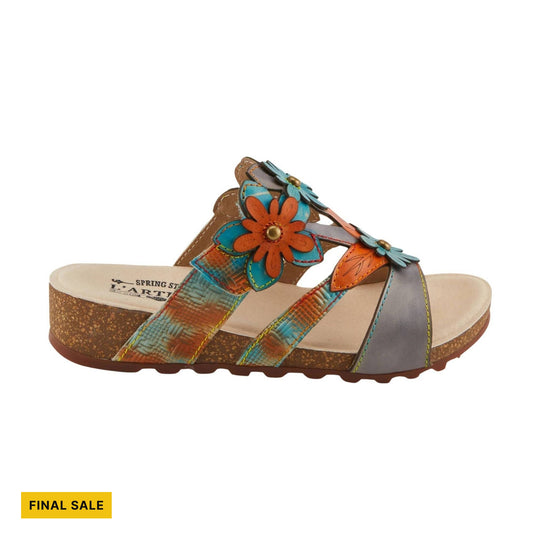 Grey and multicolor wedge sandal with floral straps and a FINAL SALE tag