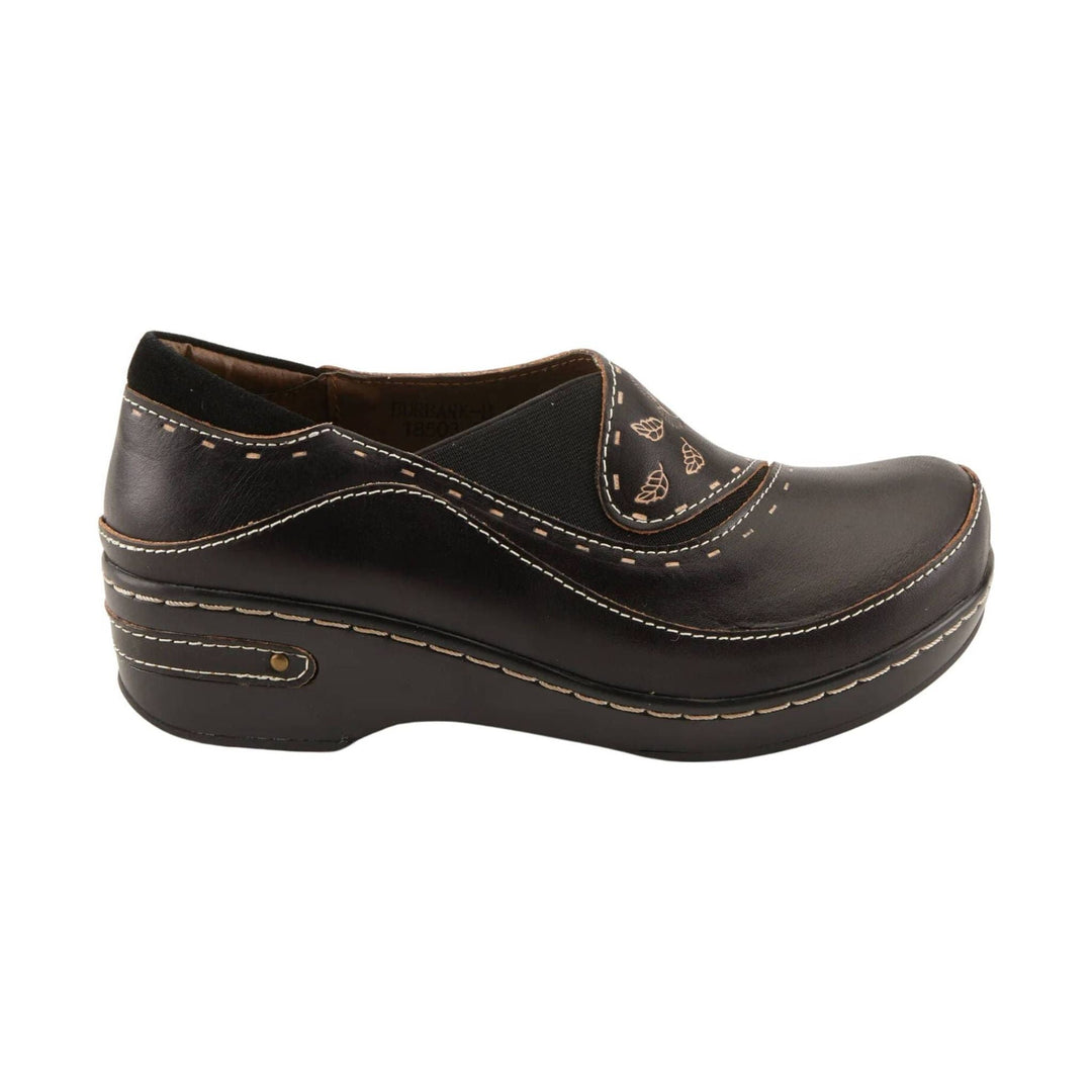 Dark brown leather wedge clog with cream stitching and floral cutout details
