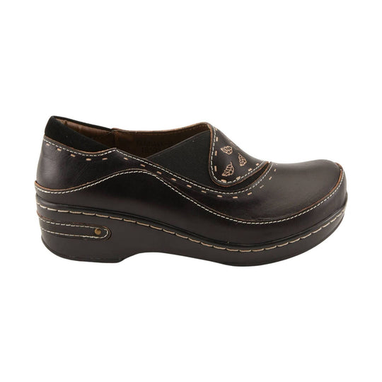 Dark brown leather wedge clog with cream stitching and floral cutout details