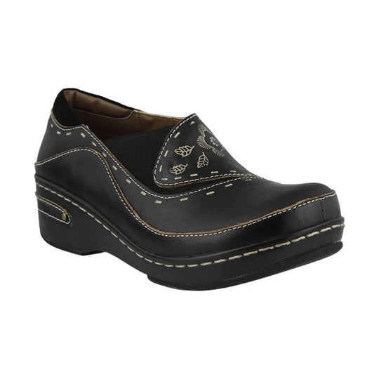Black slip-on wedge clog with stitched floral and leaf embroidery