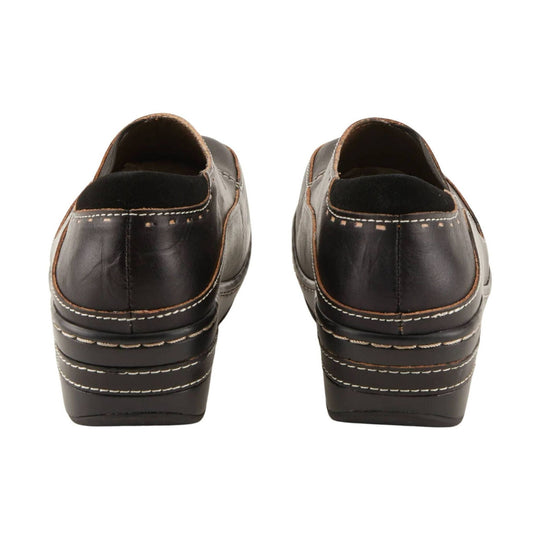 Black leather slip-on clogs with platform soles and contrast stitching, rear view