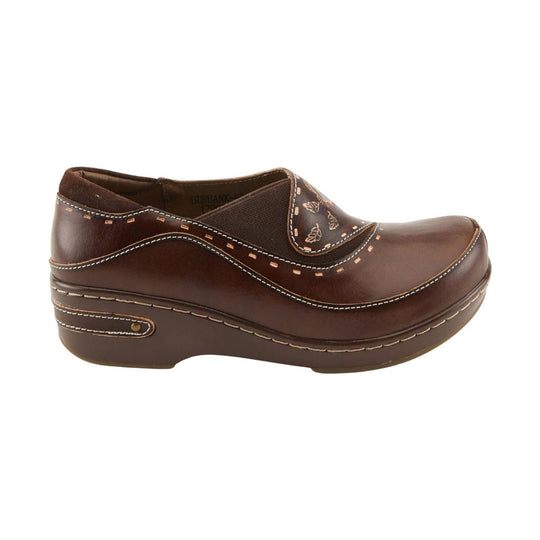 Brown leather clog with stitched detailing, side cutout, and wedge heel