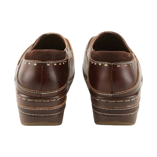 Brown leather clogs shown from the back with stacked heels and contrast stitching