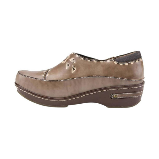 Grey slip-on clog with a textured upper and tan outsole, shown in side view