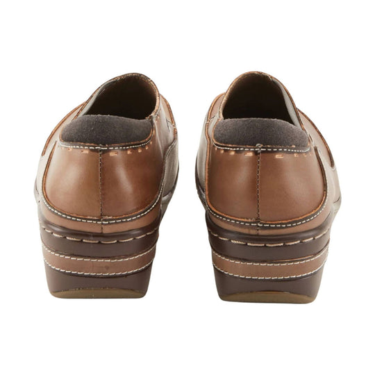 Brown leather slip-on clogs with stitched detailing and stacked platform soles, rear view