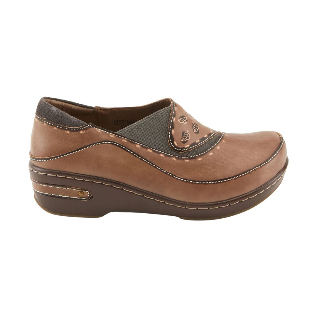 Brown slip-on clog with wedge heel, decorative stitching, and leaf-patterned trim