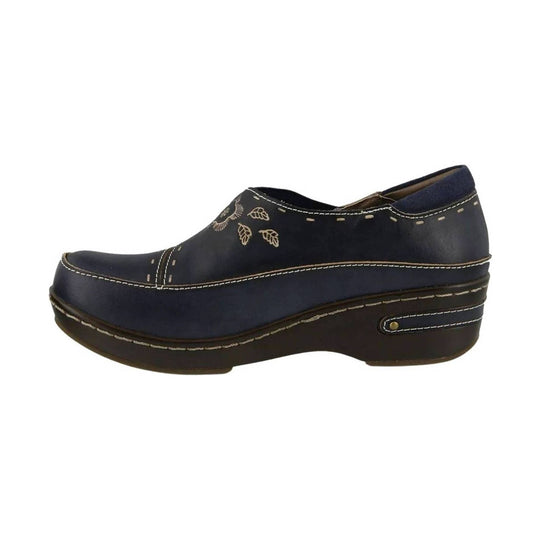Navy slip-on clog with stitched floral accents and a low wedge heel