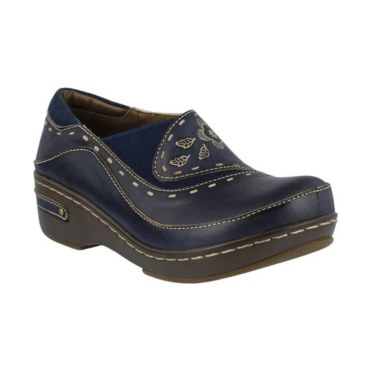 Navy closed-toe wedge clog with decorative leaf stitching and side elastic panel