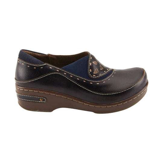 Navy and brown leather clog with floral cutout strap, stitched sole, and low wedge heel