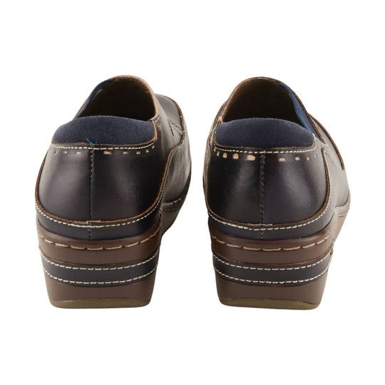 Pair of dark brown leather clogs with navy padded heels and stacked wedge soles, rear view