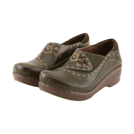 Olive green slip-on clogs with floral stitching and brown wedge soles