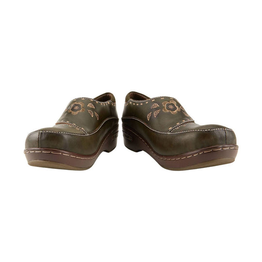 Olive green clogs with floral embroidery and brown platform soles, shown from the front