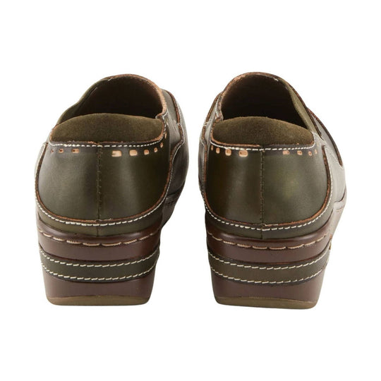 Olive and brown back view of two slip-on clogs with stitched trim and stacked heels