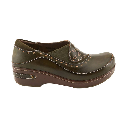Olive green slip-on clog with a brown platform sole and decorative stitching