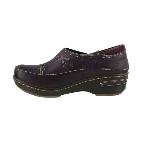 Purple leather clogs with white stitching, floral side embroidery, and a low heel