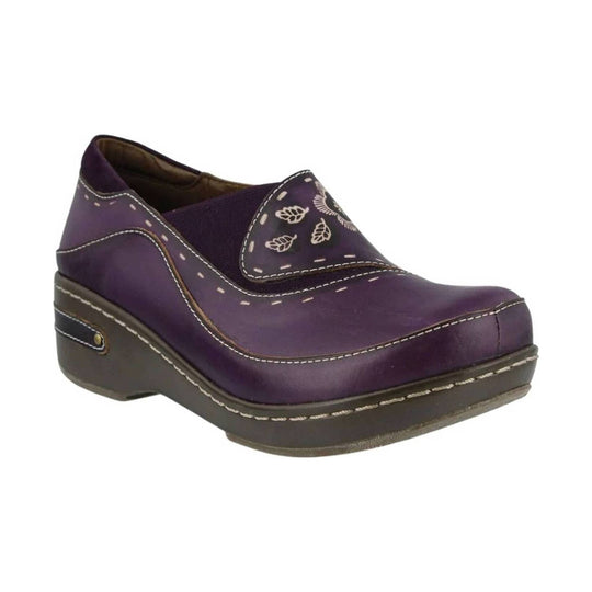 Purple leather clog-style slip-on with floral cutout details and a wedge sole