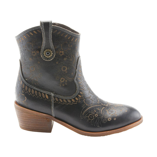 Black floral western ankle boot with tan embroidery and a low stacked heel