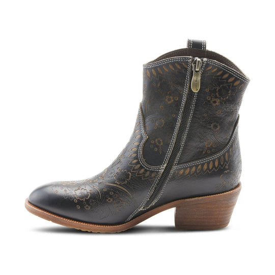 Black floral-embossed ankle boot with side zipper, pointed toe, and stacked heel