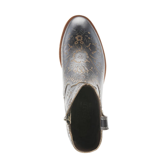 Gray floral-embossed ankle boot with pointed toe and side zipper