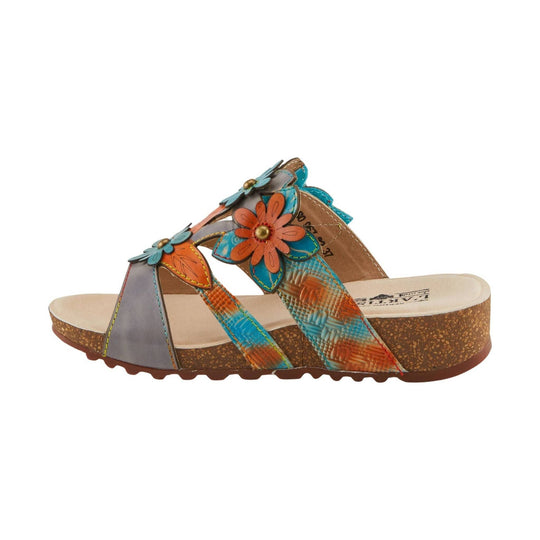 Multicolor floral wedge slide sandal with cork-look platform and cutout straps