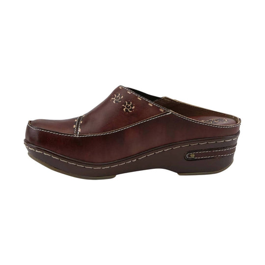 Brown leather clog with white stitching and a low wedge heel