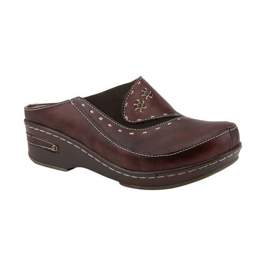 Brown slip-on clog mule with stitched detailing and a wedge heel