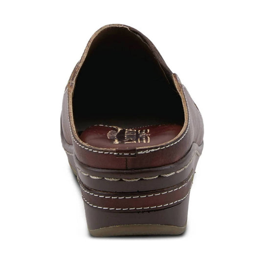 Rear view of a brown leather clog mule with an open back, wedge heel, and contrast stitching
