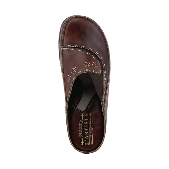 Brown leather slip-on clog with stitched detailing and cutout vamp