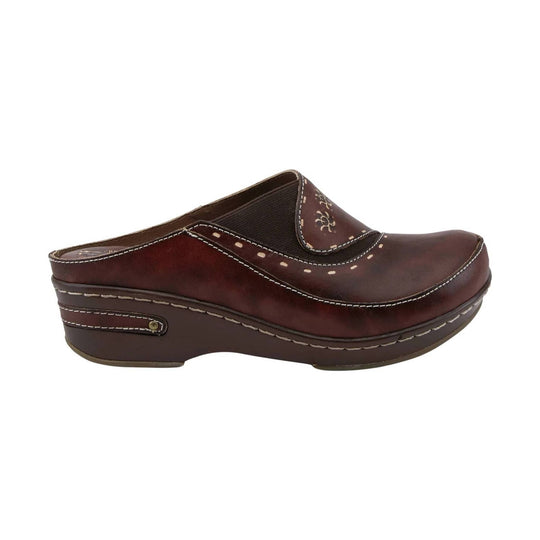 Brown leather clog-style slip-on mule with contrast stitching, side cutout, and wedge sole
