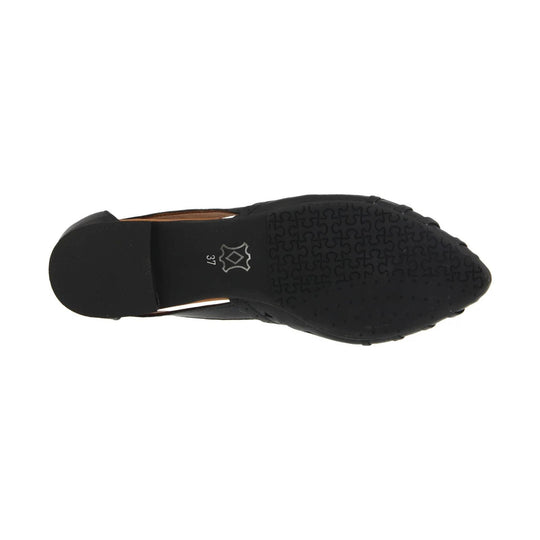 Black pointed-toe flat shoe viewed from the sole, with textured tread and size 37 marking