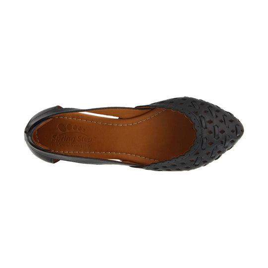 Black woven flat with pointed toe and tan insole, shown from the sole side