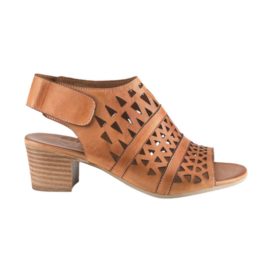 Brown leather peep-toe sandal with cutout pattern, side strap, and stacked block heel