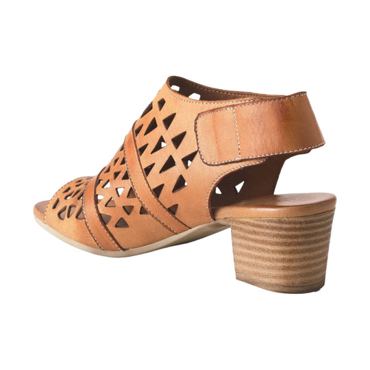 Tan leather open-toe sandal with cutout triangle details, ankle strap, and stacked block heel