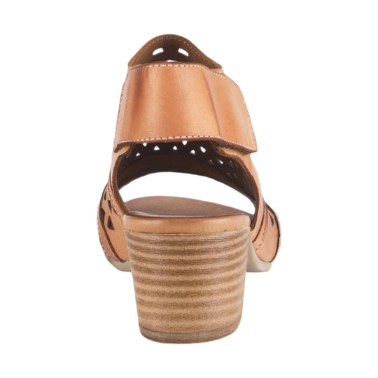 Brown leather wedge sandal shown from the back, with an open heel, side cutouts, and a stacked wood-look heel