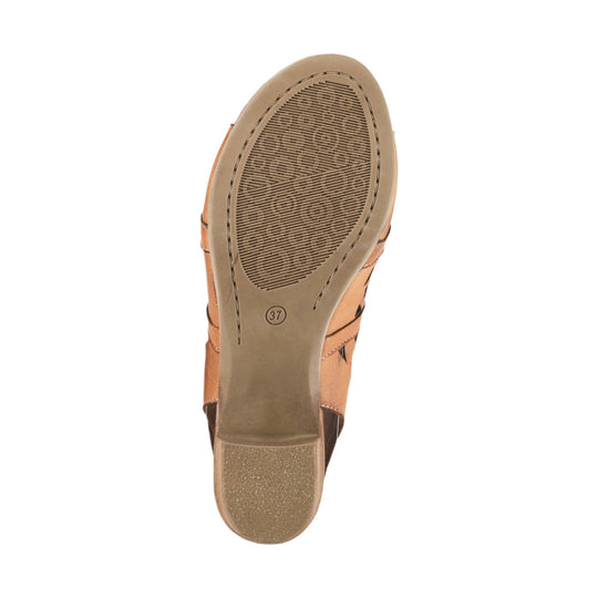 Brown sandal shown from the sole, with a tan wedge heel and size 37 marking