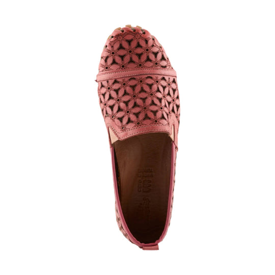 Pink closed-toe flat with floral cutout upper, viewed from above