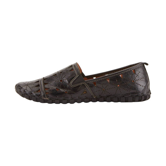 Black leather slip-on loafer with perforated cutouts and stitched sole