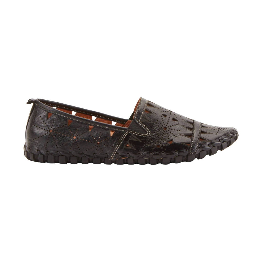 Black perforated leather loafer flat with woven trim and slip-on side opening