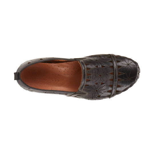 Dark brown perforated leather loafer with cutout pattern and almond toe, top view