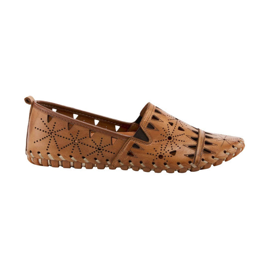 Brown leather woven loafer with side cutouts and a closed toe