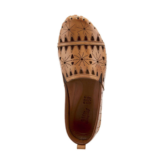 Tan closed-toe leather loafer flat with perforated cutout pattern, top view