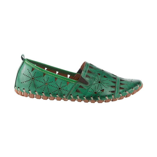 Green leather loafer with perforated cutout pattern, stitched seam, and tan sole